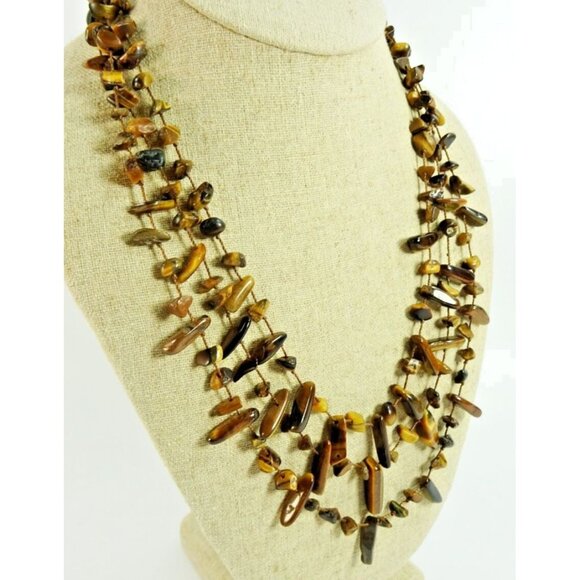 Multi-Strand Tigereye Necklace Triple-Strand Tigerseye Brown Stone 20" - Picture 2 of 6